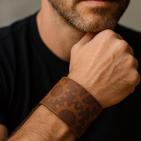 None Other - 8” Leather Cuff Bracelet Imprinted Gears Brass Latch Hook
